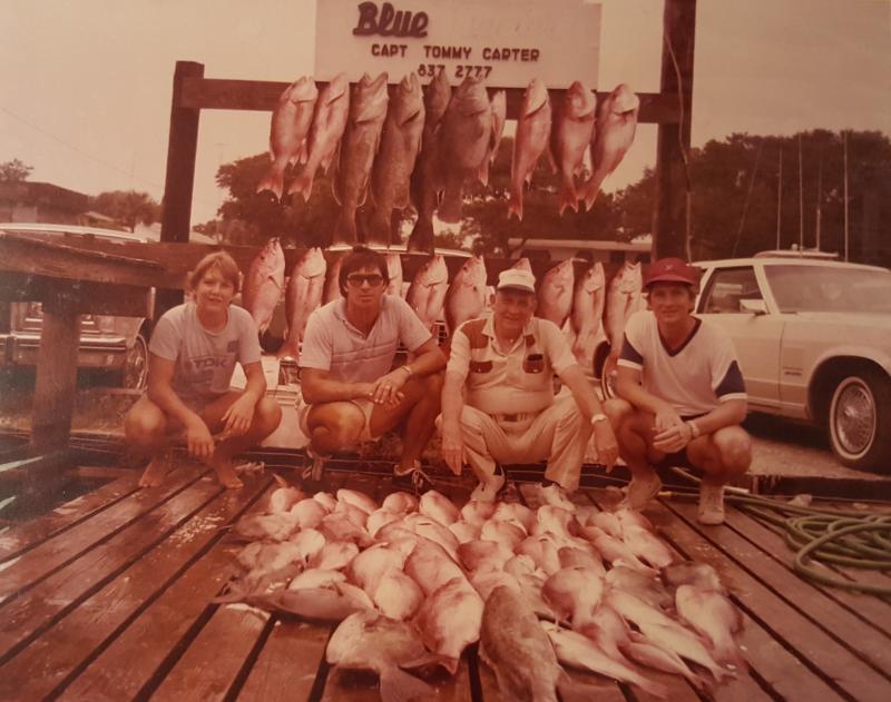 Click to enlarge image Bumper catch of drum and snapper. That is Captain Tommy Carter second from the left. - August 7, 1982 - 